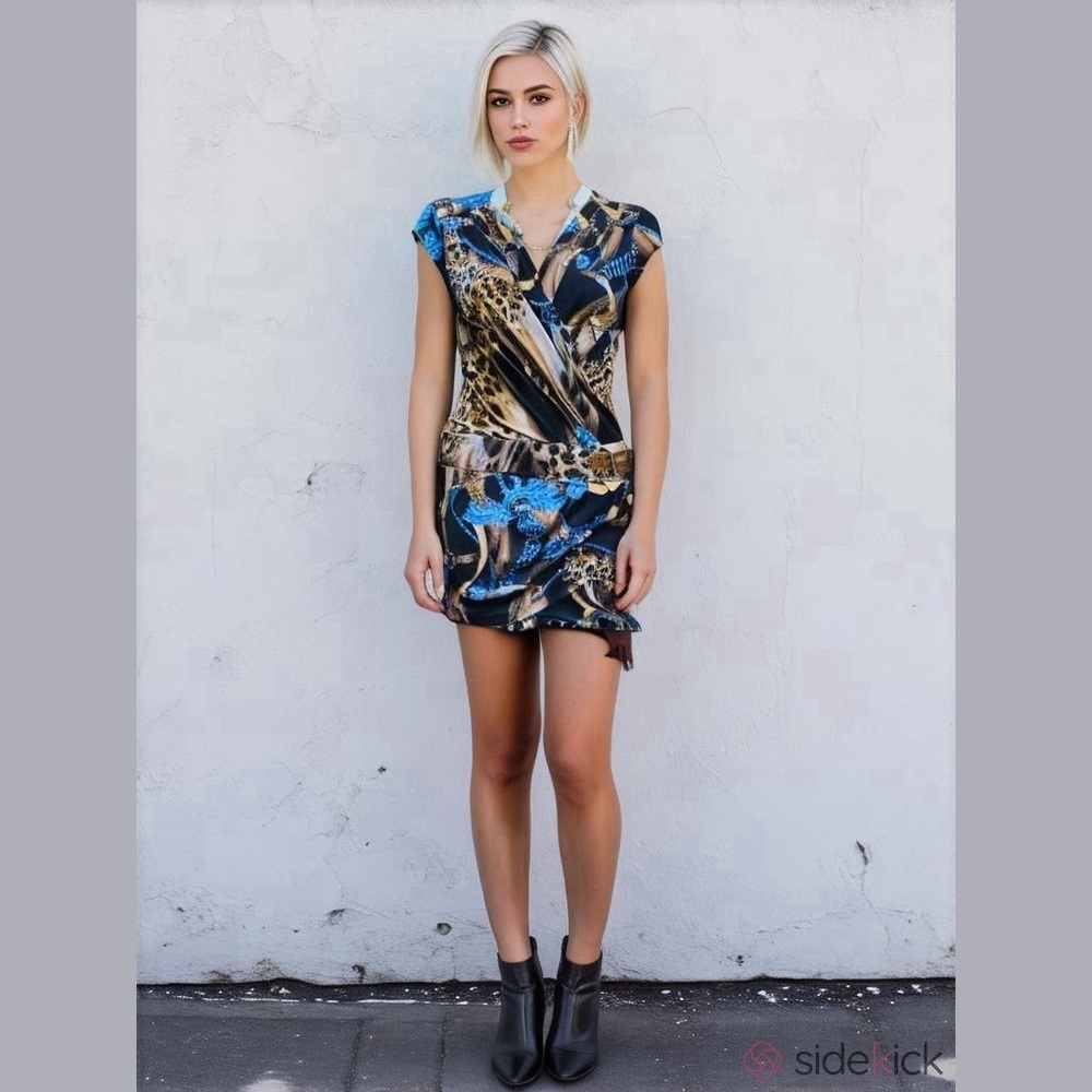 Y2K Cachet Women’s Sz Lrg V Neck Faux Wrap Cheetah Print Buckle Cocktail Dress